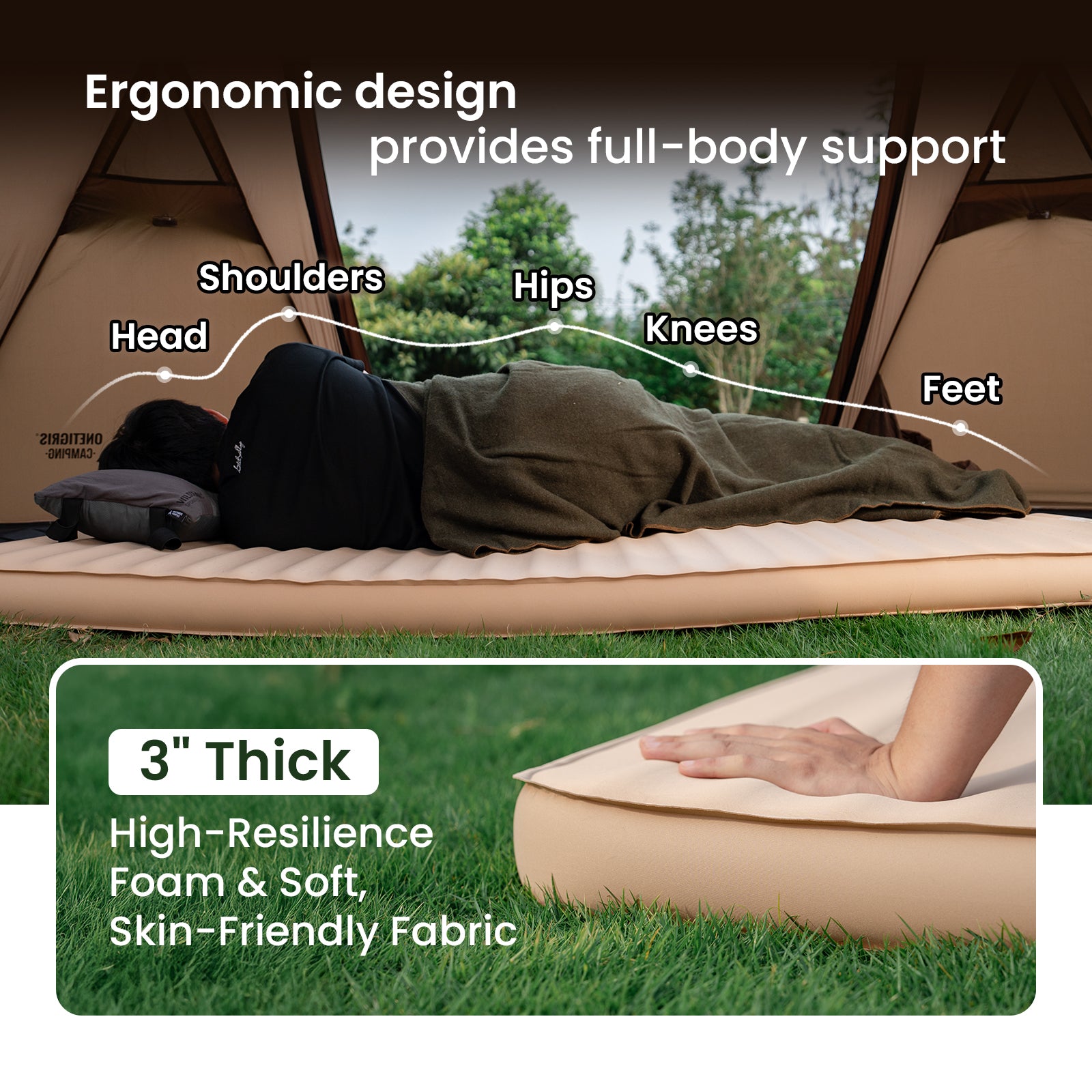 Person lying on a camping mattress with labeled support points and product details.