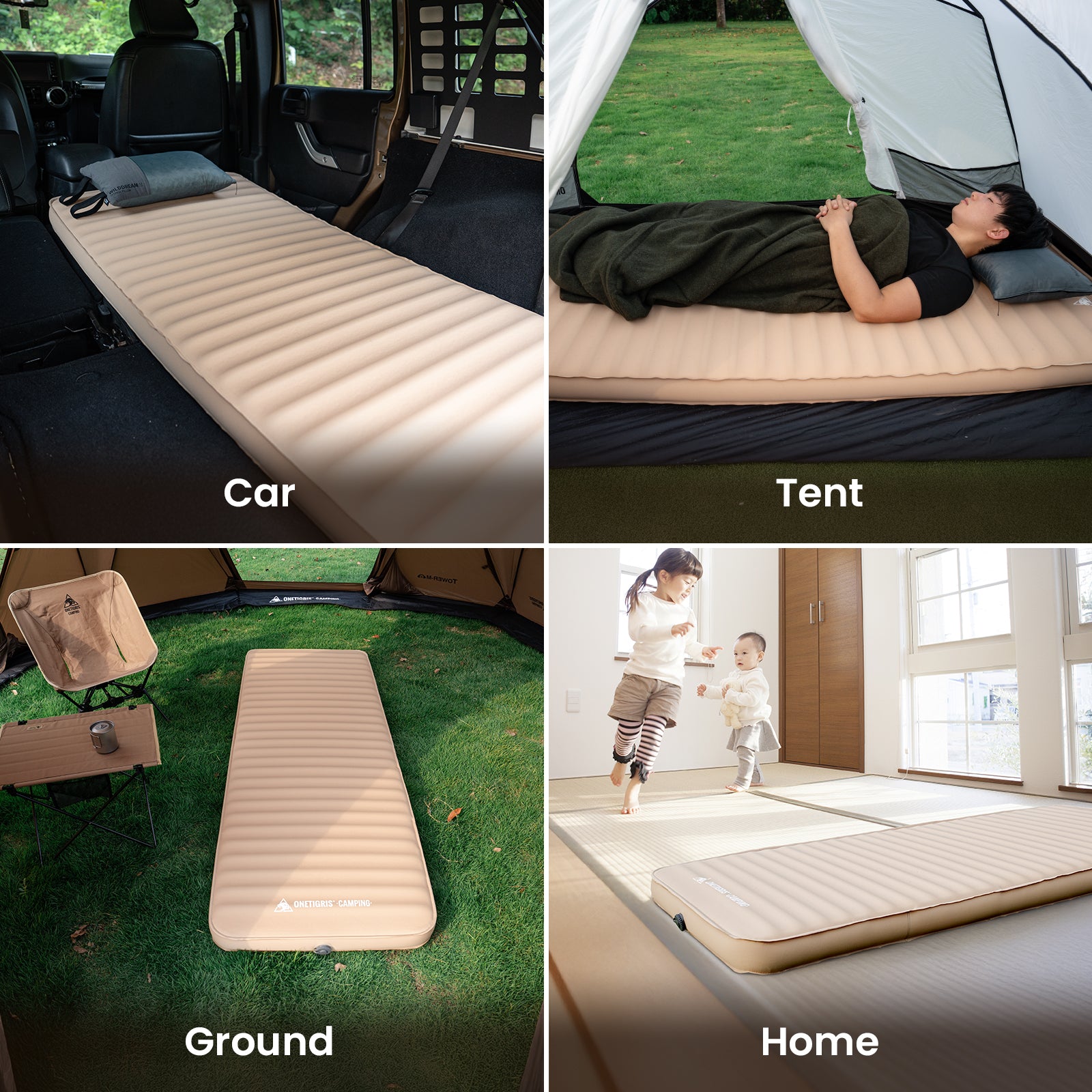 Collage of a beige inflatable mattress used in various settings including a car, tent, ground, and home.