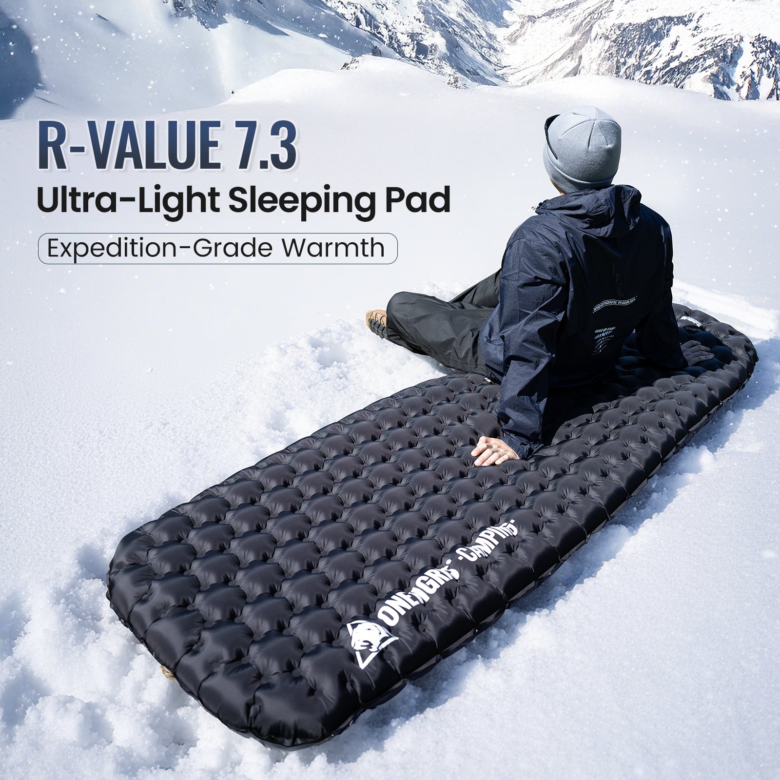 Person sitting on an ultra-light sleeping pad in the snow with text indicating R-value and product features.