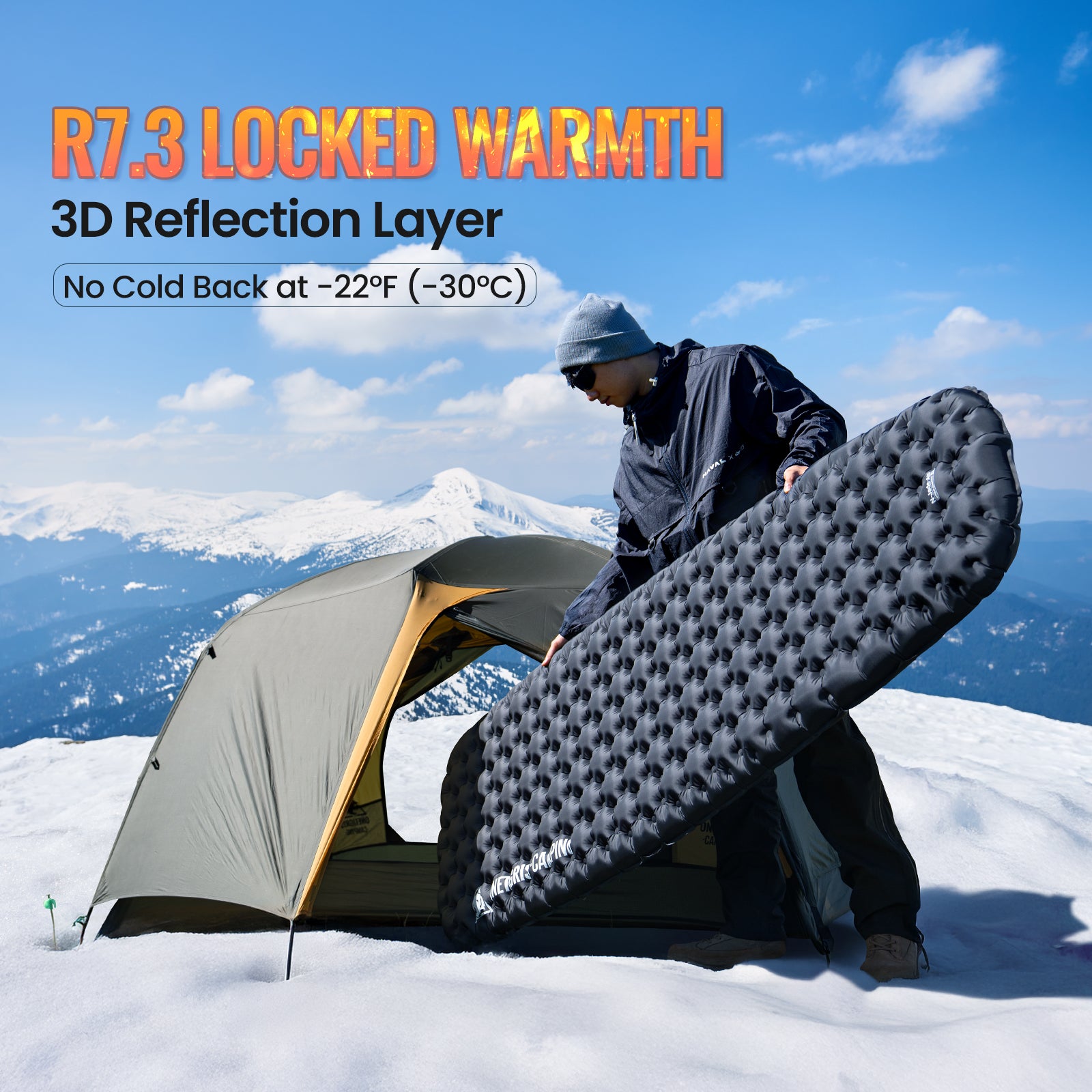 Person setting up a tent with a sleeping pad on a snowy mountain, featuring text about thermal layers.