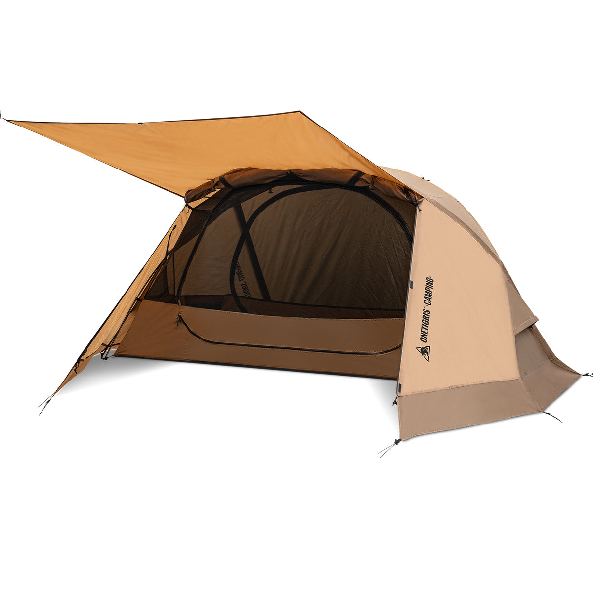 A two-person camping tent by Onetigris Camping, shown with its rainfly extended to the left and the front door open, revealing a dark mesh interior. The tent features a tan and light brown color scheme on a solid white background.