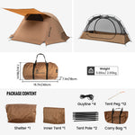OneTigris NIGHTWATCH cot tent package contents, showing the shelter, inner tent, poles, guylines, pegs, and carry bag, with a total weight of 2.65kg.