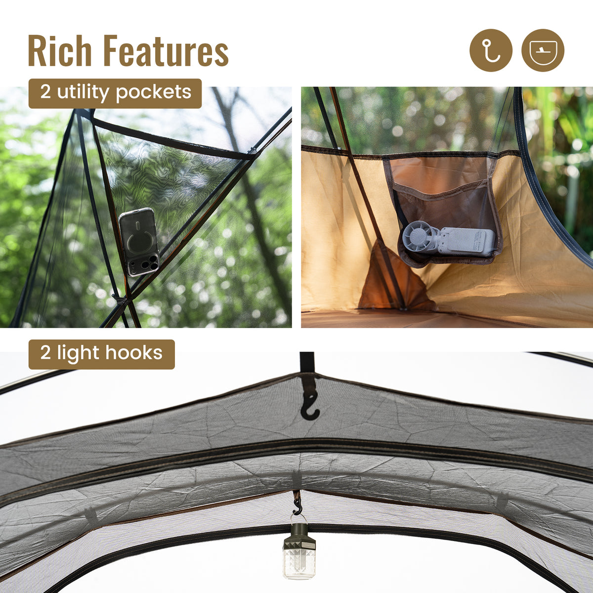 OneTigris cot tent rich features showing 2 utility pockets for storage and 2 light hooks for hanging lanterns.