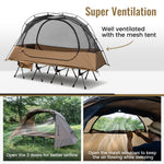OneTigris cot tent super ventilation diagram showing a mesh inner tent, two open doors for airflow, and mesh windows for sleeping comfort.