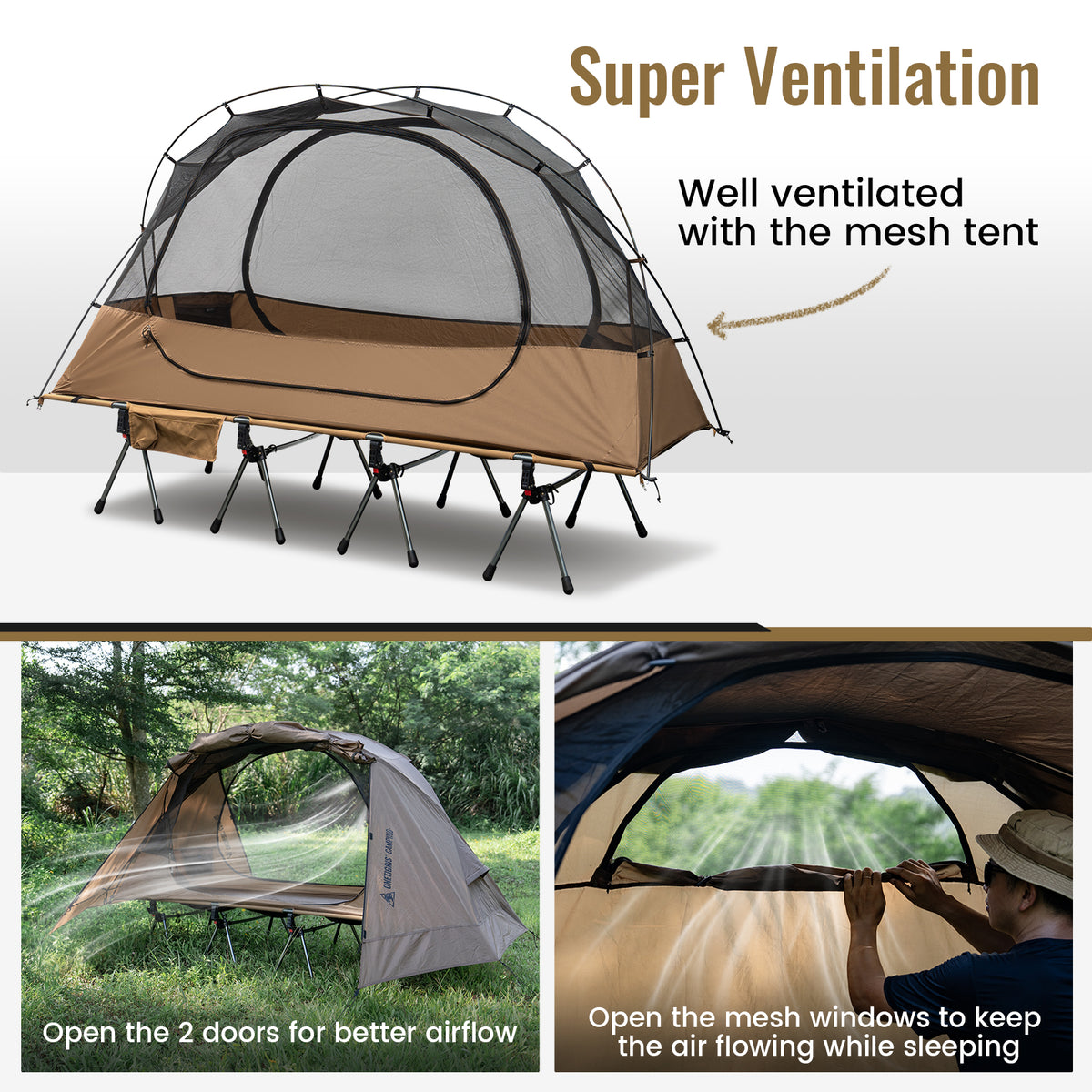 OneTigris cot tent super ventilation diagram showing a mesh inner tent, two open doors for airflow, and mesh windows for sleeping comfort.