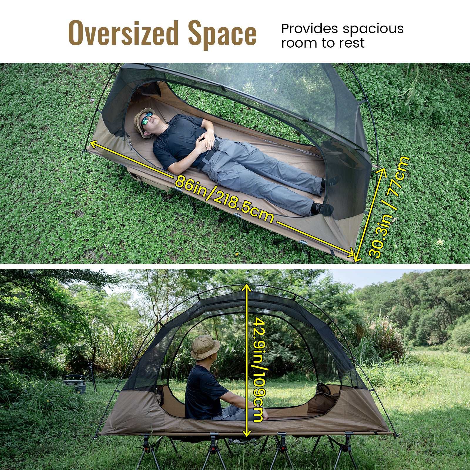 OneTigris oversized cot tent dimensions showing 86in/218.5cm length, 42.9in/109cm width, and 42.9in/109cm height for spacious room to rest