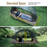 OneTigris oversized cot tent dimensions showing 86in/218.5cm length, 42.9in/109cm width, and 42.9in/109cm height for spacious room to rest