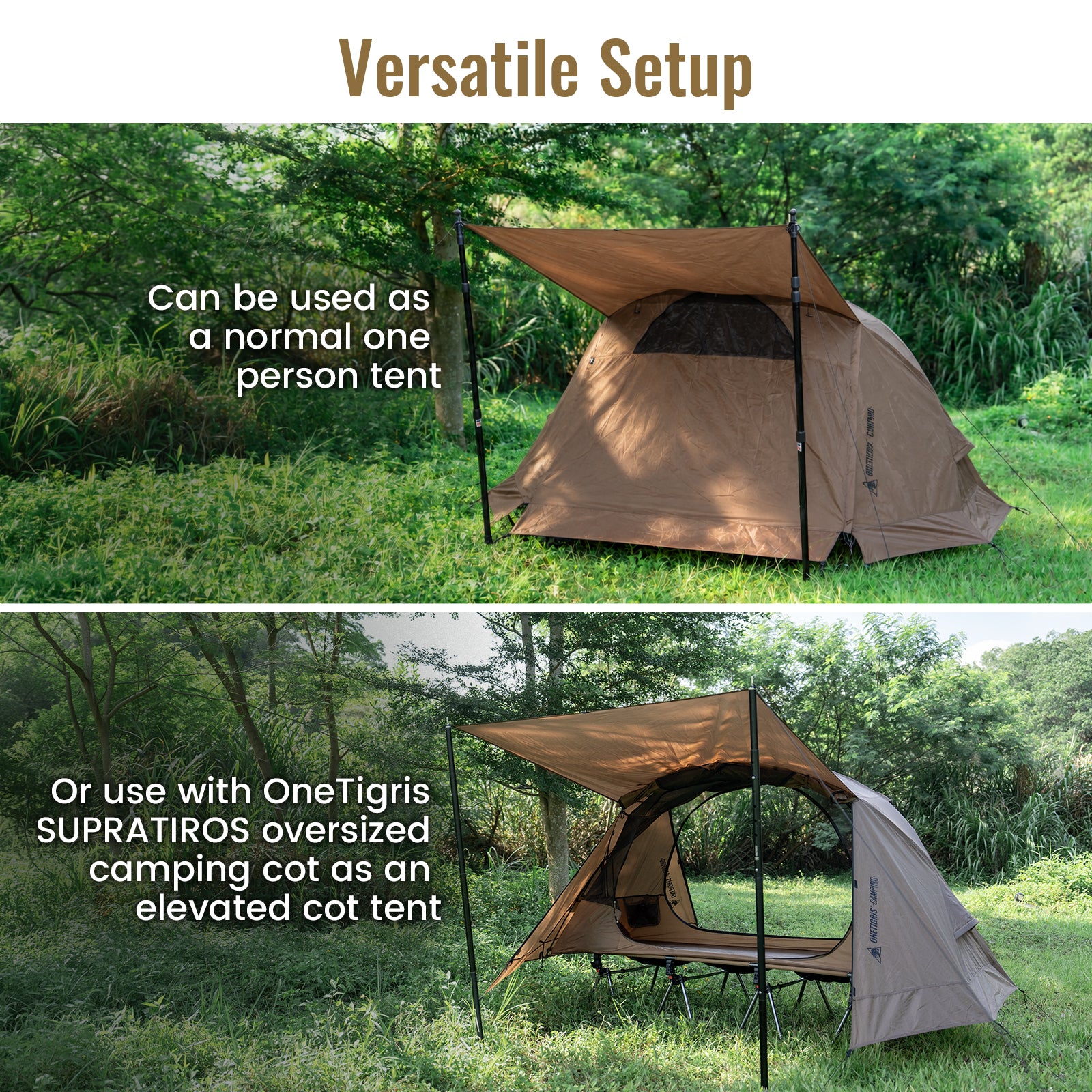 OneTigris versatile tent setup shown as a standard one-person tent or as an elevated cot tent with the SUPRATIROS oversized camping cot.