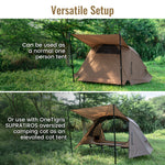 OneTigris versatile tent setup shown as a standard one-person tent or as an elevated cot tent with the SUPRATIROS oversized camping cot.