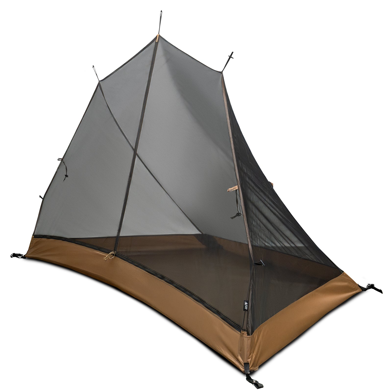 Camping tent with gray top and brown bottom on a white background