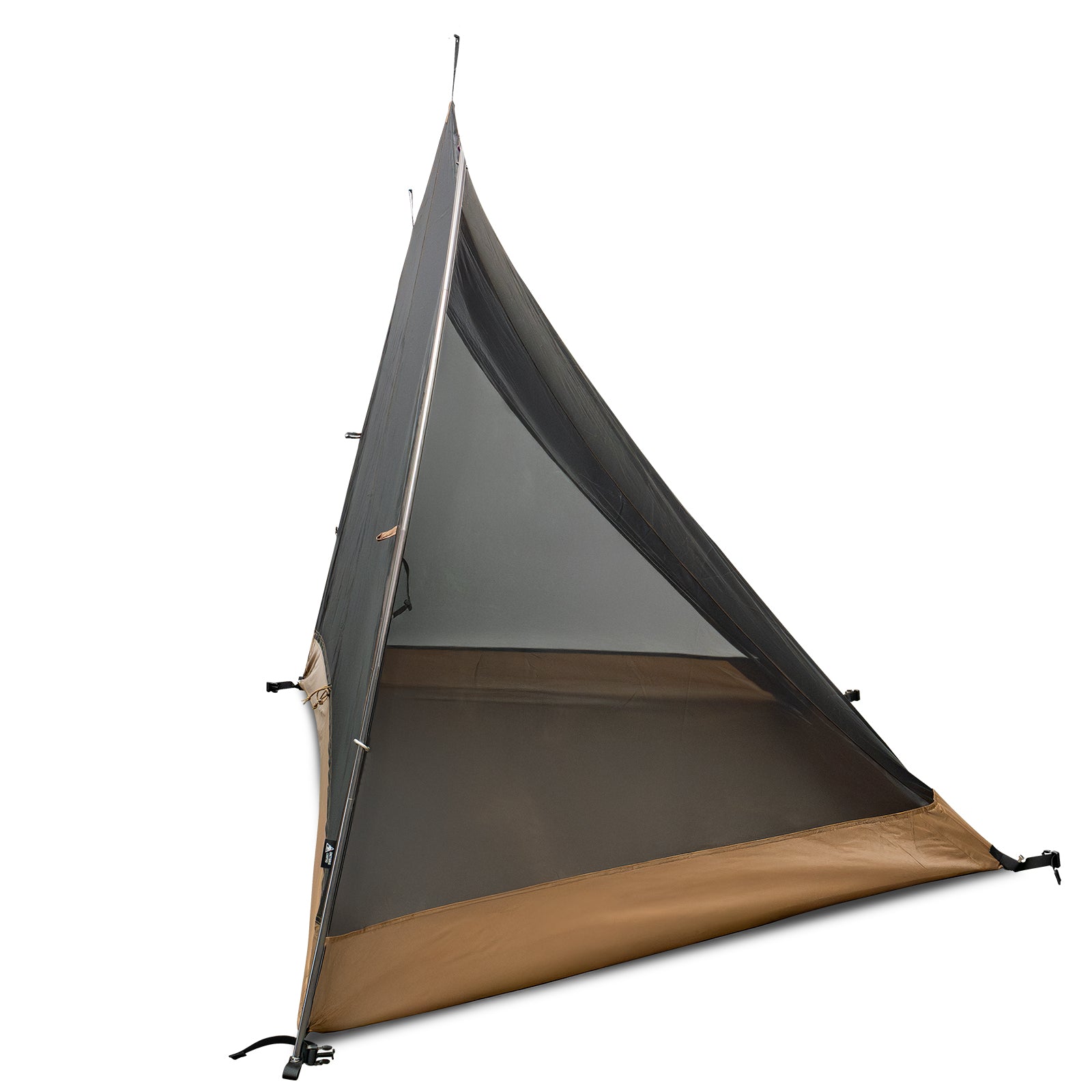 Camping tent with a brown floor and gray walls on a white background
