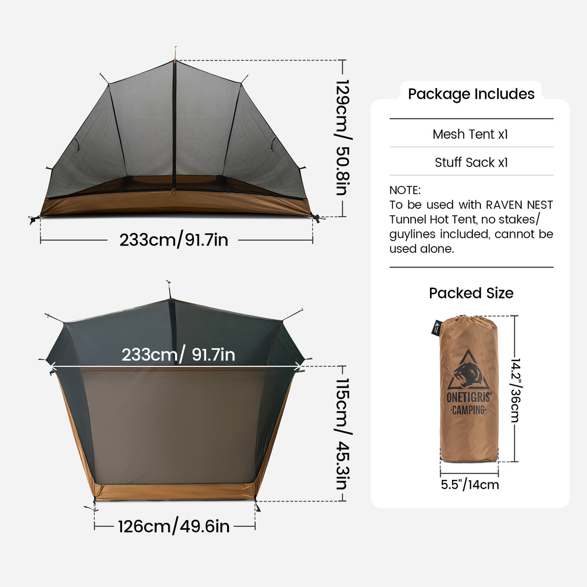 Camping tent with dimensions and package details on a white background