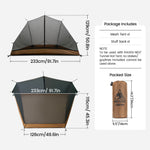Camping tent with dimensions and package details on a white background