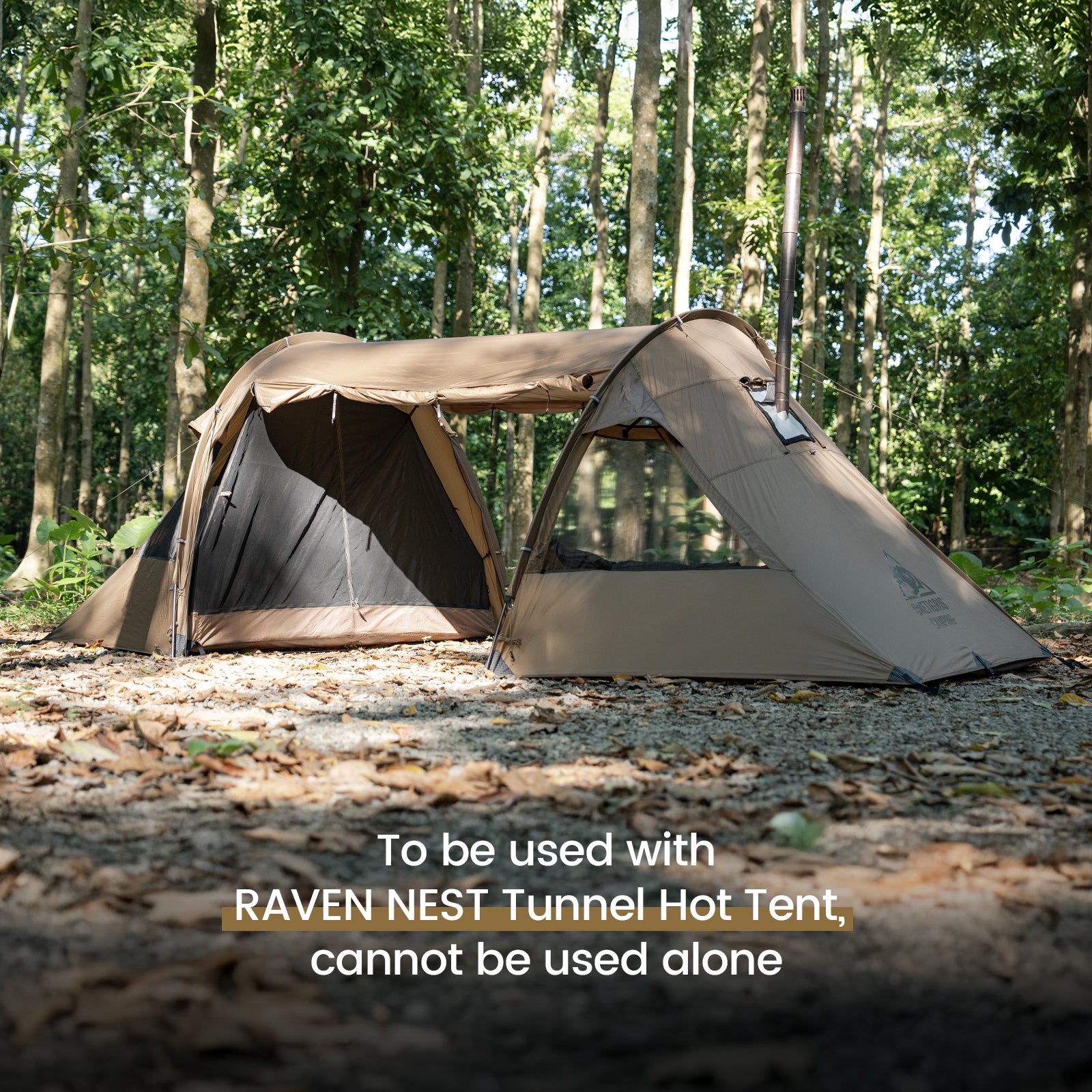Camping tent setup in a forest with text indicating it cannot be used alone.