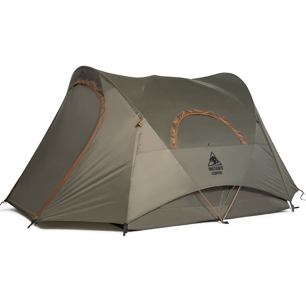 A 4-Person Family Camping Tent in olive green and gray with tan trim, shown on a plain white background. The brand logo 'ONETIGRIS CAMPING' is visible on the front panel.