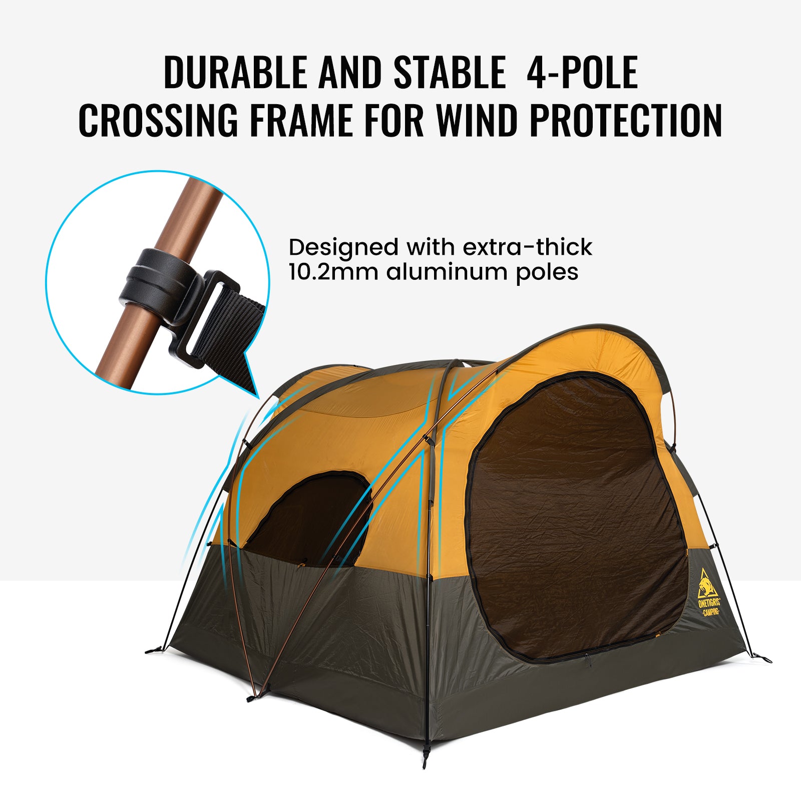 A camping tent in yellow, brown, and dark gray, shown on a light gray background with marketing text and a circular inset close-up of a pole connector.