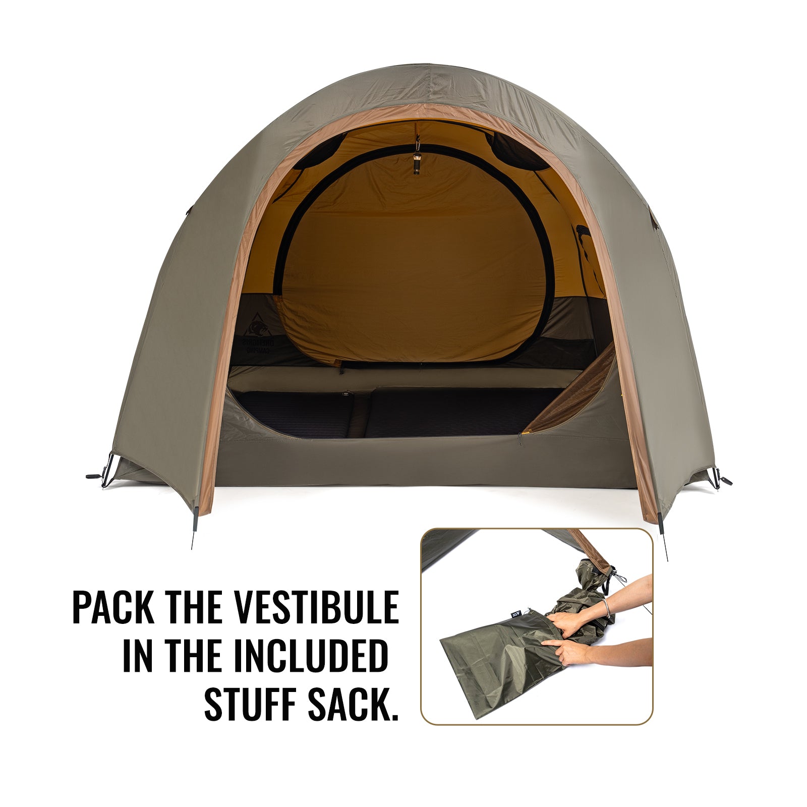 A dome-style camping tent shown open on a white background, with text reading 'PACK THE VESTIBULE IN THE INCLUDED STUFF SACK.' and a small inset demonstrating the included stuff sack being used to pack the tent vestibule.