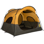 A two-tone camping tent with a yellow-orange upper canopy and a dark gray lower body, shown fully pitched on a white background. The brand 'Onetigris camping' is visible in yellow text on the lower right side of the tent.