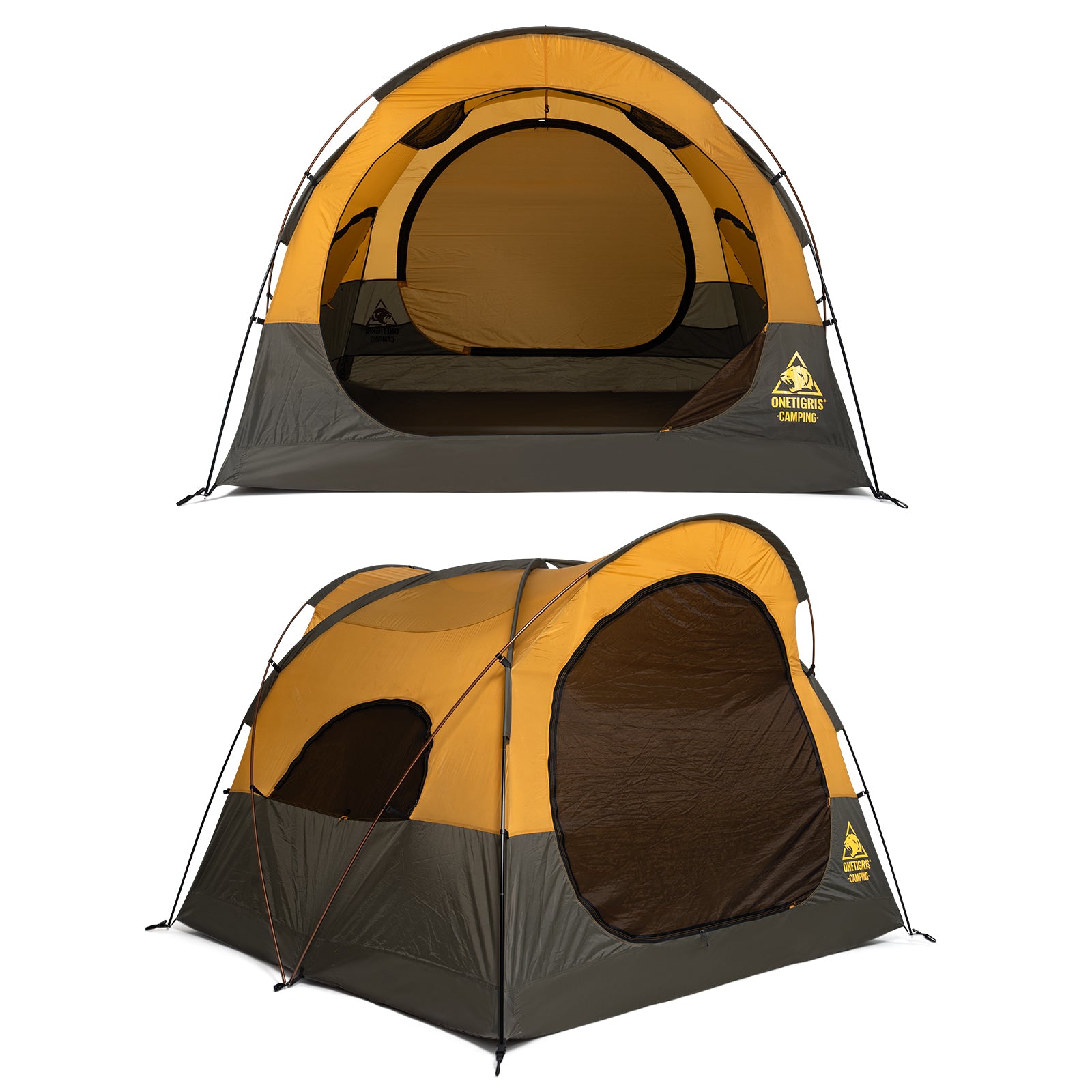 A two-view product presentation of a dome camping tent on a solid white background. The top view shows the tent from the front with its main entrance open, and the bottom view shows it from a three-quarter angle displaying its side profile, mesh windows, and guy lines.
