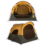 A two-view product presentation of a dome camping tent on a solid white background. The top view shows the tent from the front with its main entrance open, and the bottom view shows it from a three-quarter angle displaying its side profile, mesh windows, and guy lines.