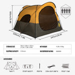 A product information graphic for a 4-person camping tent. The tent is shown in a yellow, dark brown, and dark gray color scheme, with dimensions (165cm x 225cm x 247cm), weight (6kg)