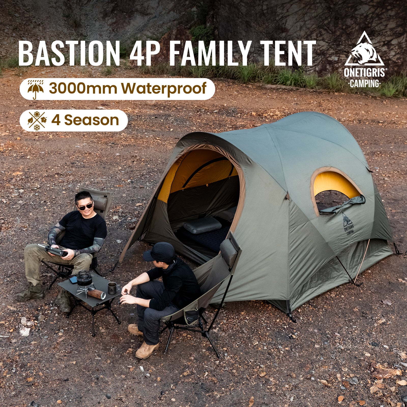 A family camping scene with a large green dome tent pitched outdoors on a dirt clearing. Two seated campers are visible beside the tent, and large text at the top reads 'BASTION 4P FAMILY TENT' with '3000mm Waterproof' and '4 Season' callouts.