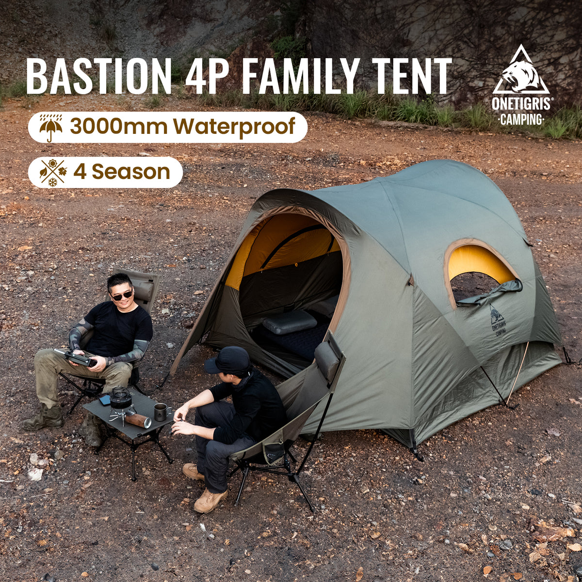 A family camping scene with a large green dome tent pitched outdoors on a dirt clearing. Two seated campers are visible beside the tent, and large text at the top reads 'BASTION 4P FAMILY TENT' with '3000mm Waterproof' and '4 Season' callouts.