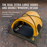 A yellow and dark green camping tent pitched outdoors on a dirt ground, with large text overlay describing its dual extra-large doors and double windows design.