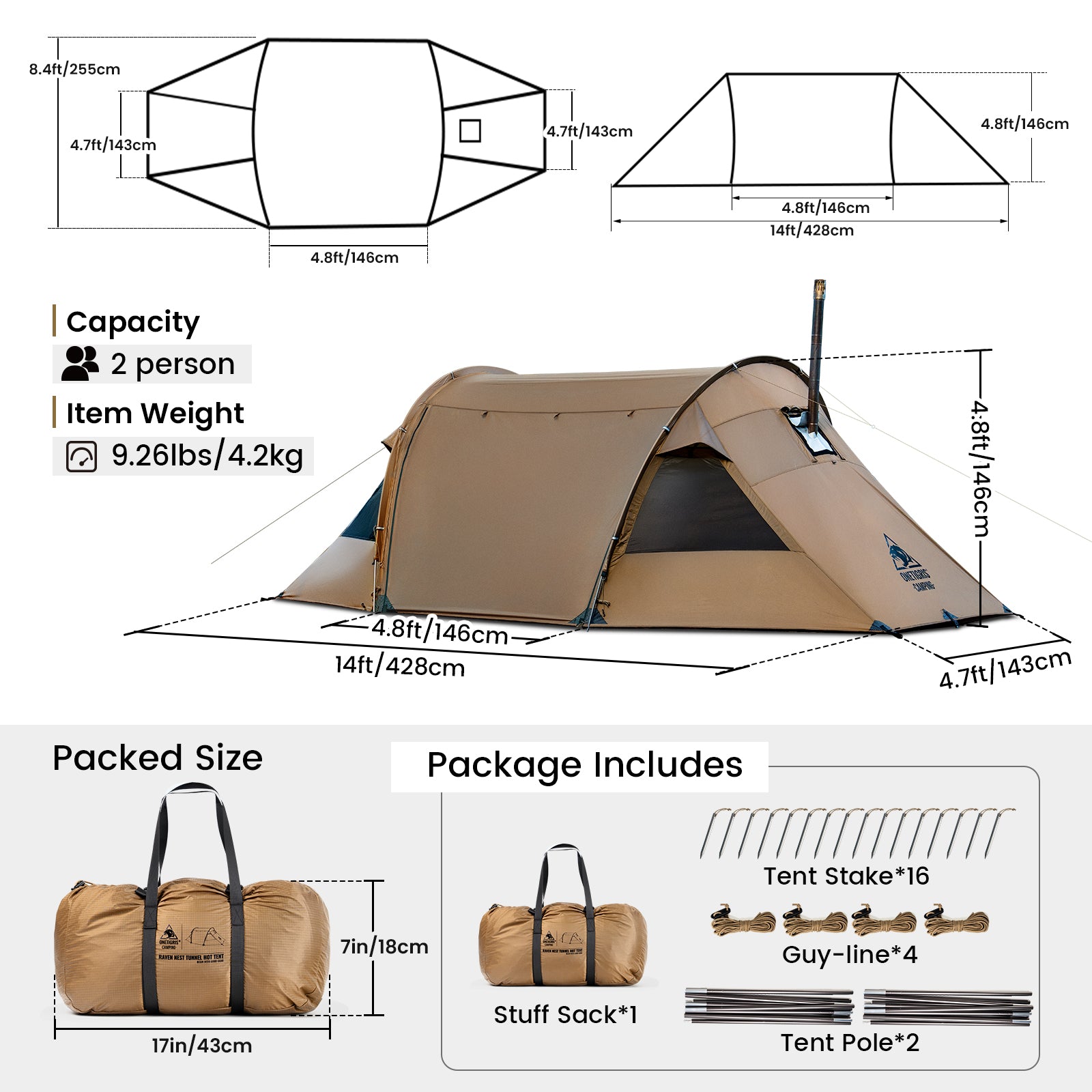 RAVEN NEST Tunnel Hot Tent  size capacity 2 person  ltem  weight 9.26lbs/4.2kg