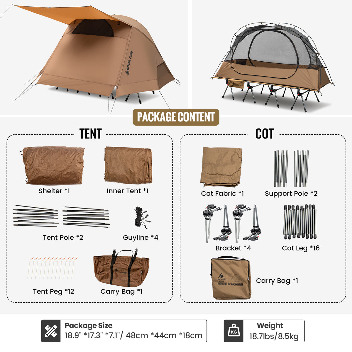 OneTigris cot tent package contents showing tent and cot components, with a package size of 18.9
