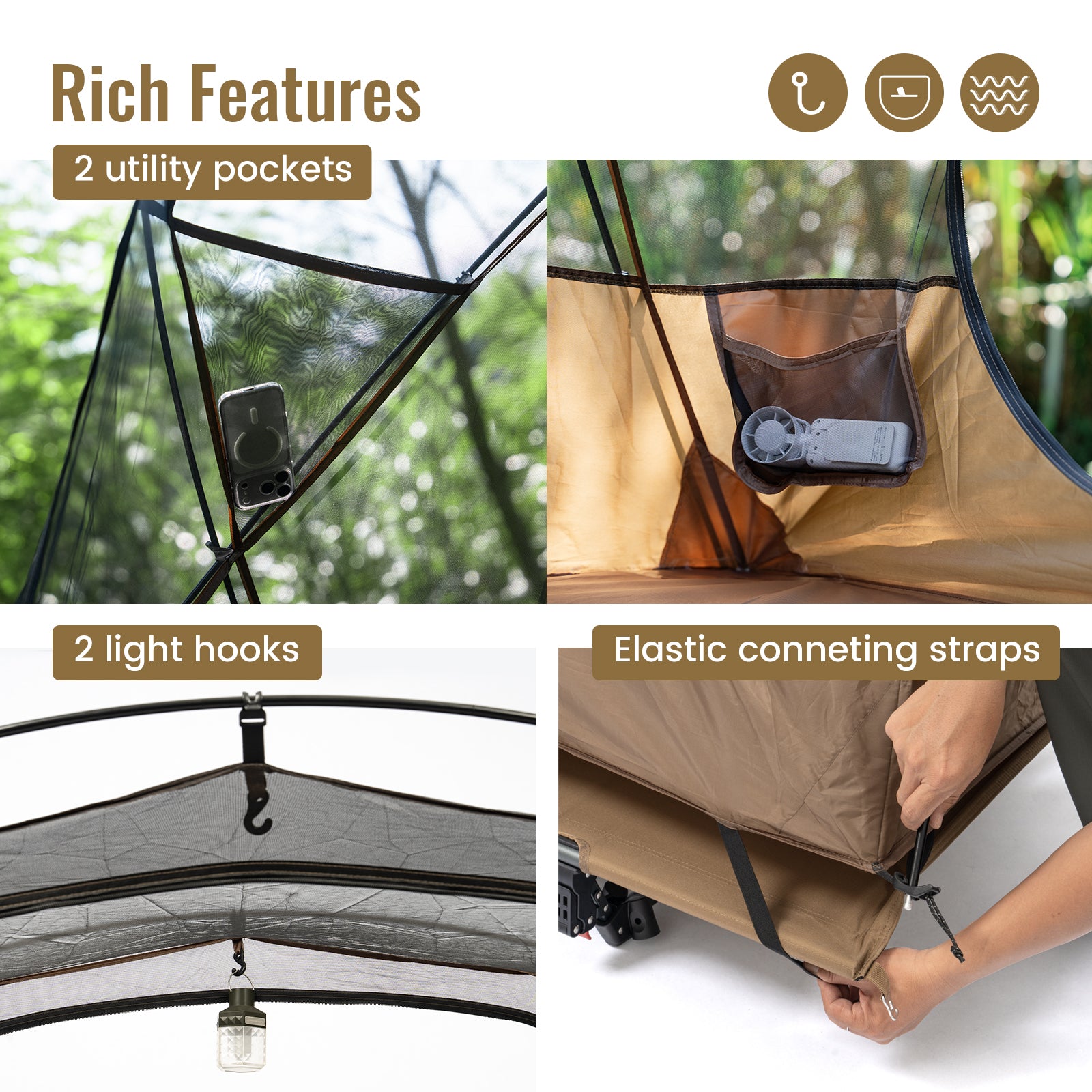 OneTigris cot tent rich features showing 2 utility pockets, 2 light hooks, and elastic connecting straps