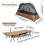 OneTigris oversized cot tent and cot dimensions, featuring an 86in/218.5cm tent length and a cot with a 397lbs/180kg load capacity.