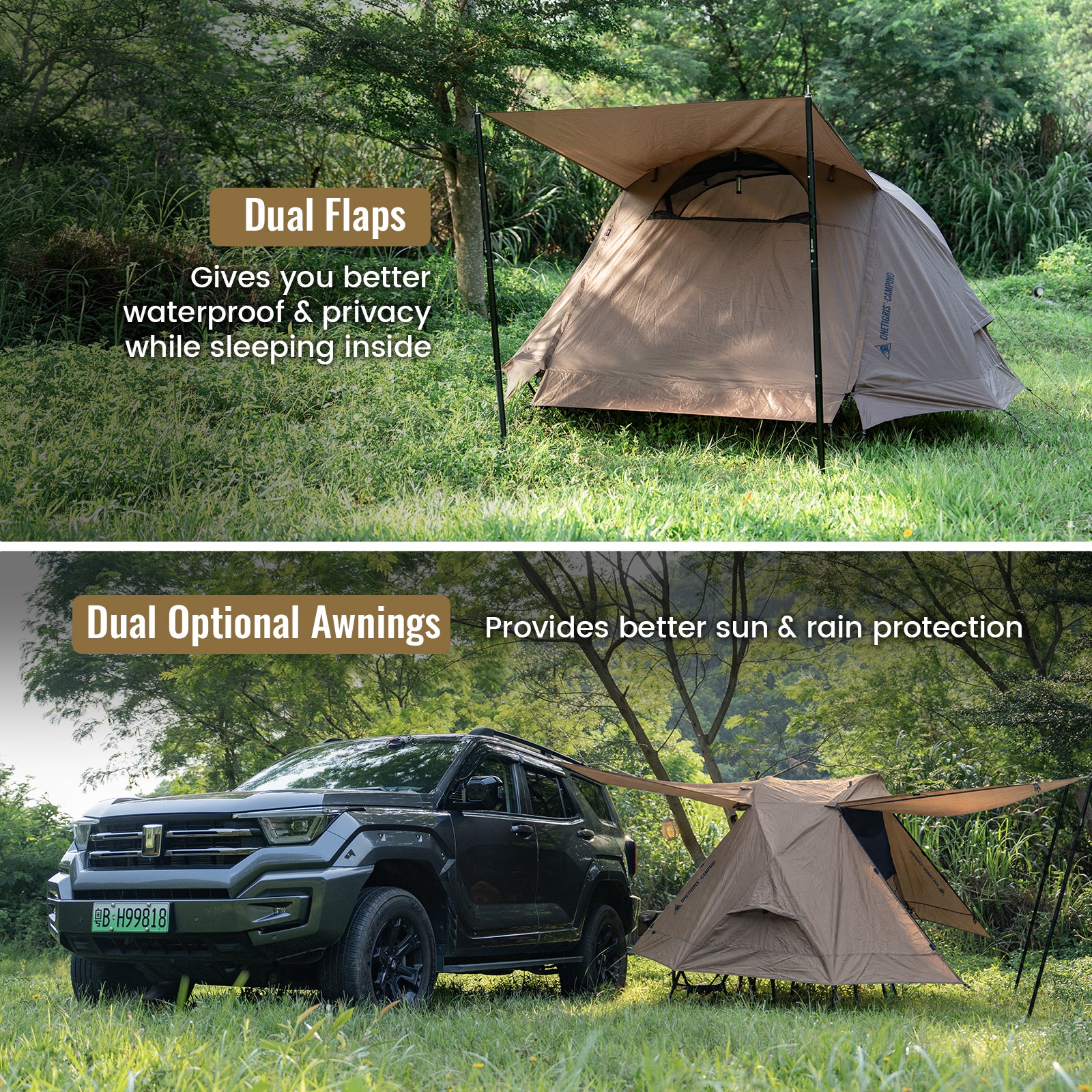 OneTigris cot tent with dual flaps for waterproofing and privacy, and dual optional awnings for sun and rain protection.