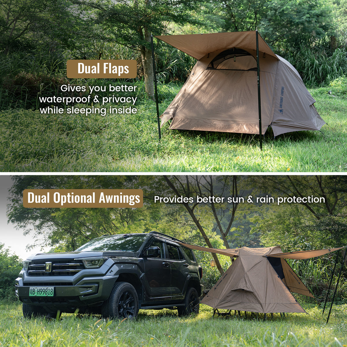 OneTigris cot tent with dual flaps for waterproofing and privacy, and dual optional awnings for sun and rain protection.