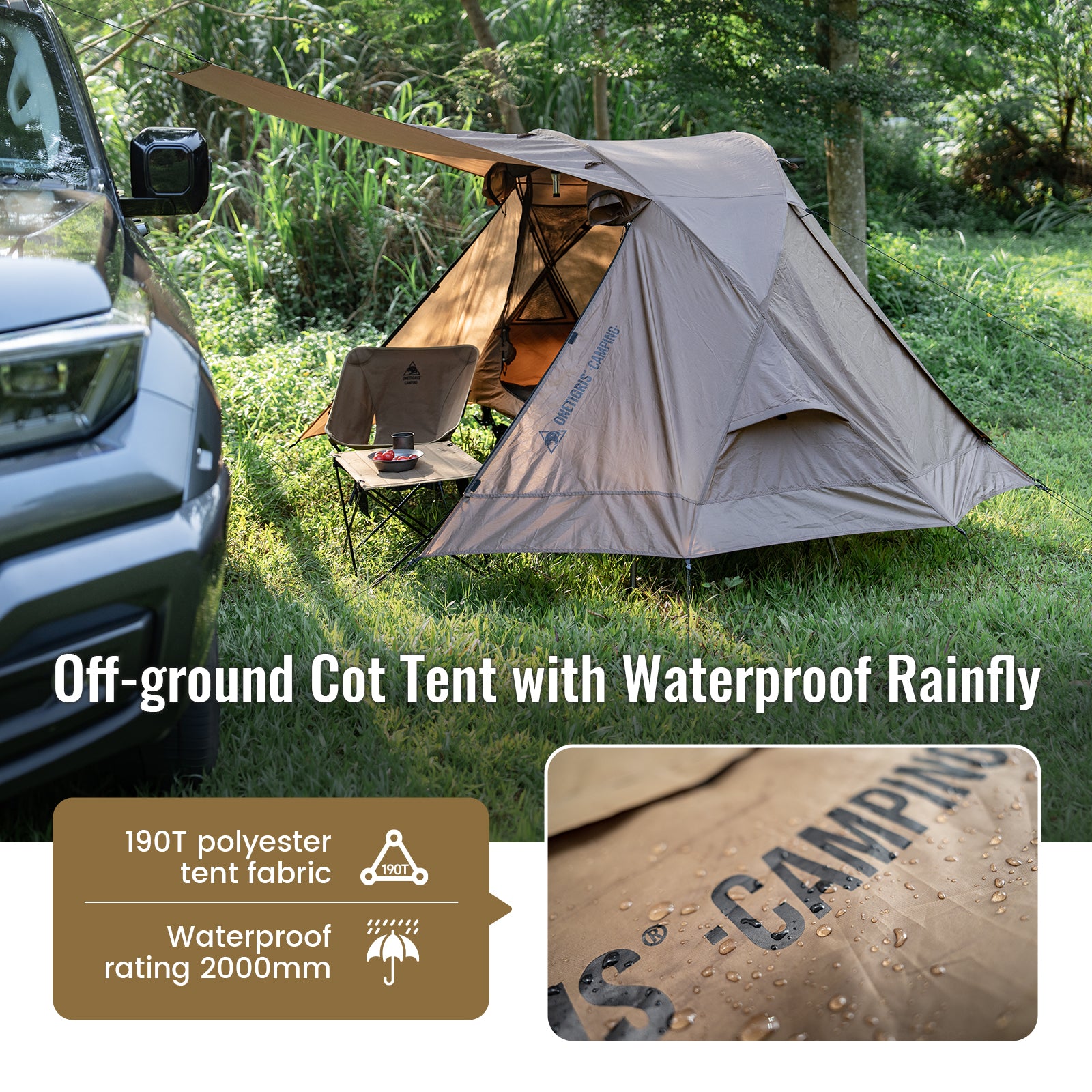 OneTigris off-ground cot tent with a waterproof rainfly, featuring 190T polyester fabric with a 2000mm waterproof rating.