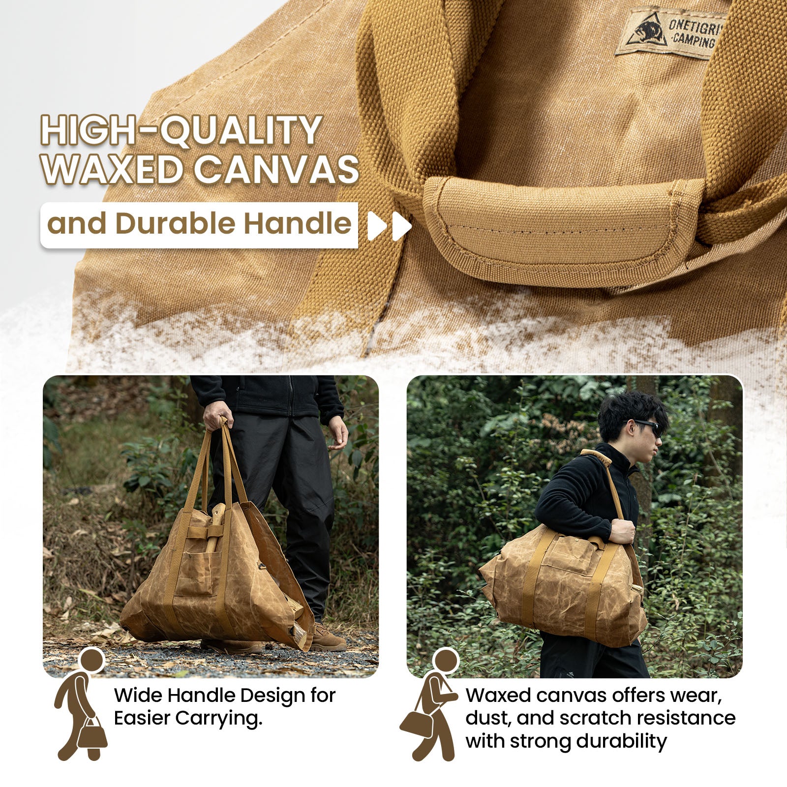Waxed Canvas Firewood Carrier - Heavy Duty Log Tote for Camping