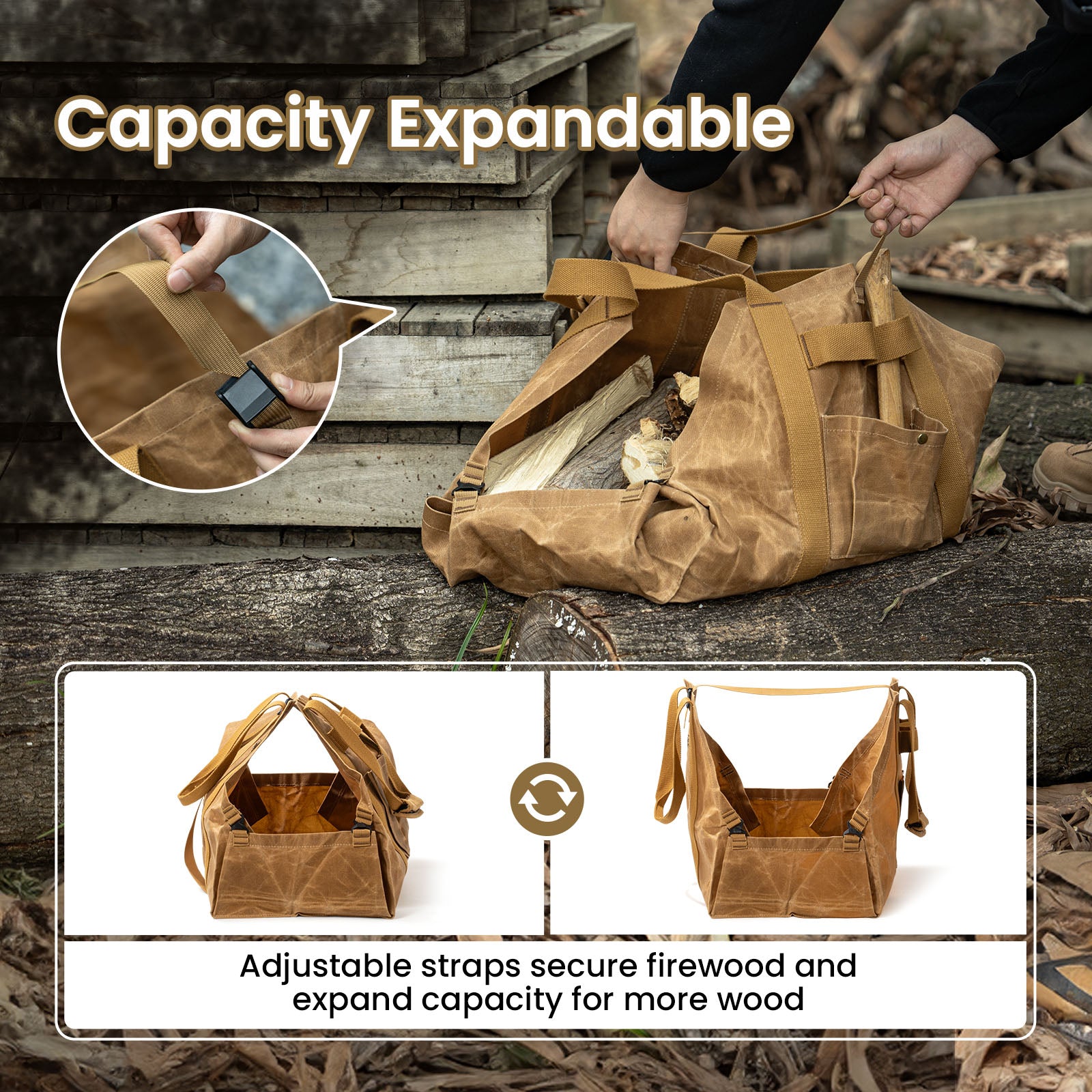 Waxed Canvas Firewood Carrier - Heavy Duty Log Tote for Camping