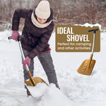 Person using a snow shovel in the snow with text about the shovel's use.
