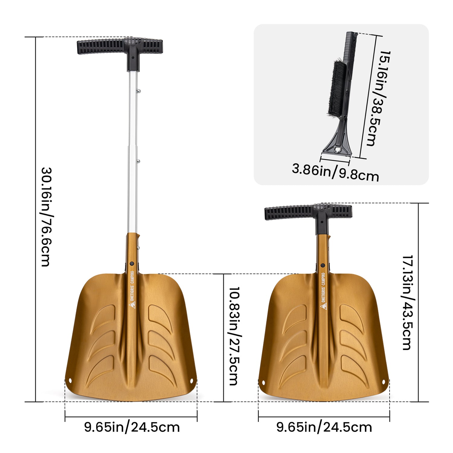 Measurement chart of a gold snow shovel with dimensions labeled.