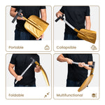 Multifunctional tool being demonstrated for portability, collapsibility, foldability, and multifunctionality.