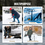 Four scenarios showing the use of a snow shovel for walkway, camping, driveway, and snowman building in the snow.