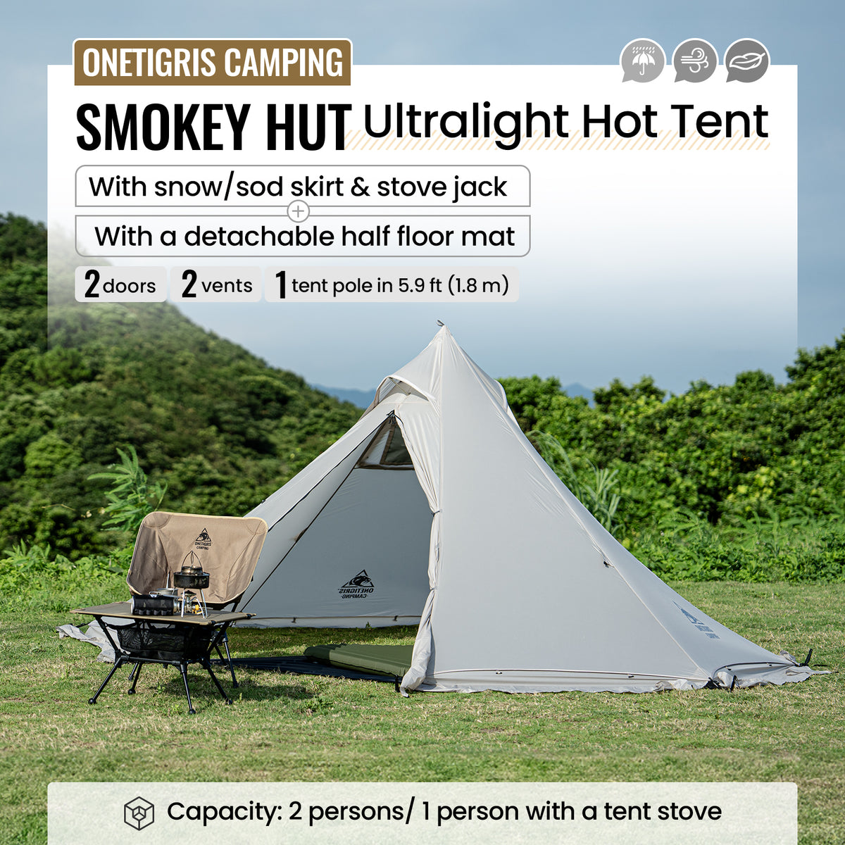 Smokey Hut ultralight hot tent with camping stove and accessories in a natural setting.