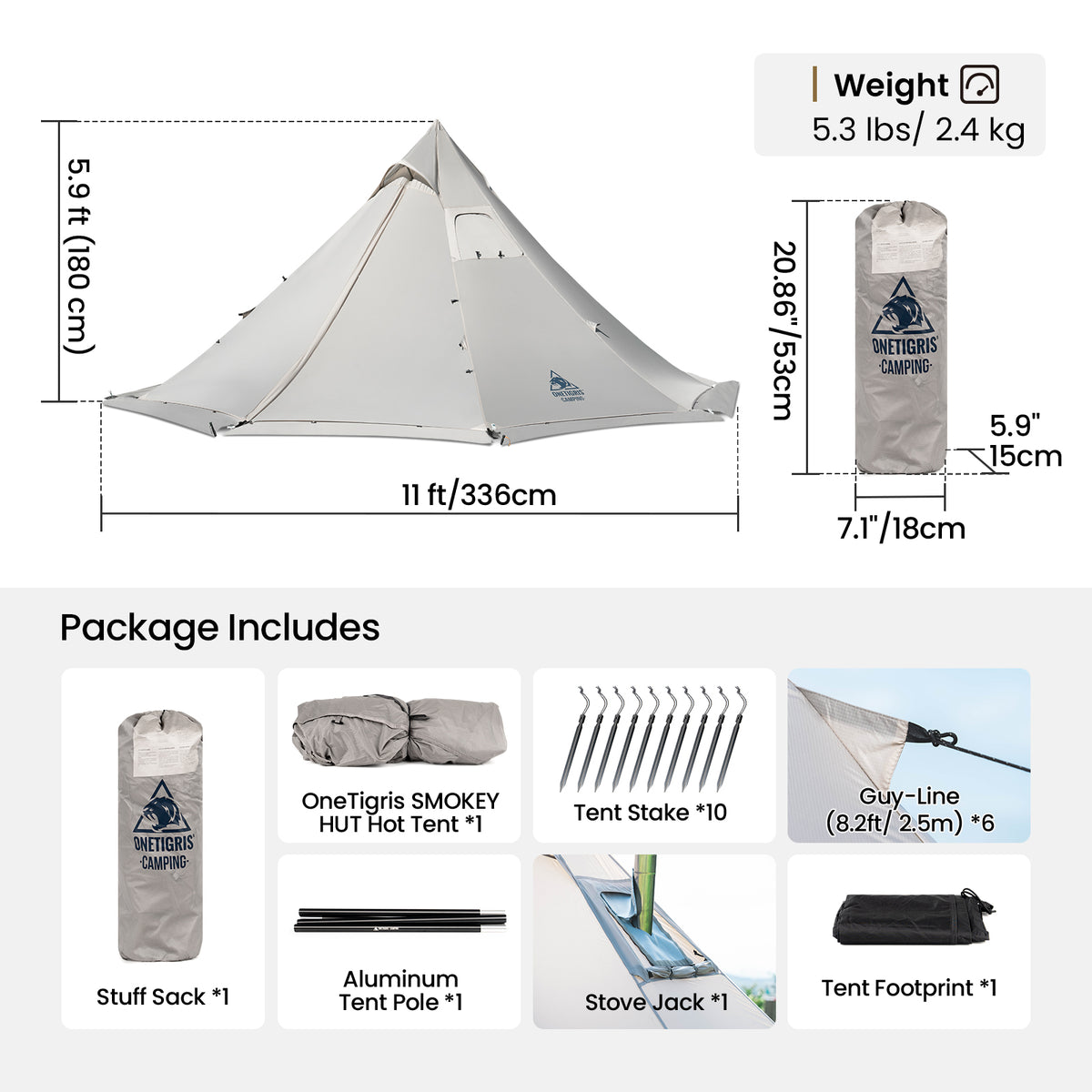 Camping tent with dimensions, weight, and package contents listed on a white background