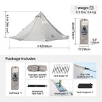 Camping tent with dimensions, weight, and package contents listed on a white background