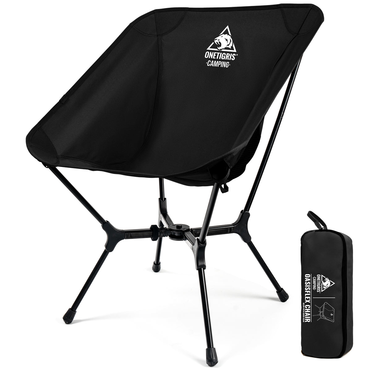 Black camping chair with carrying bag on a white background