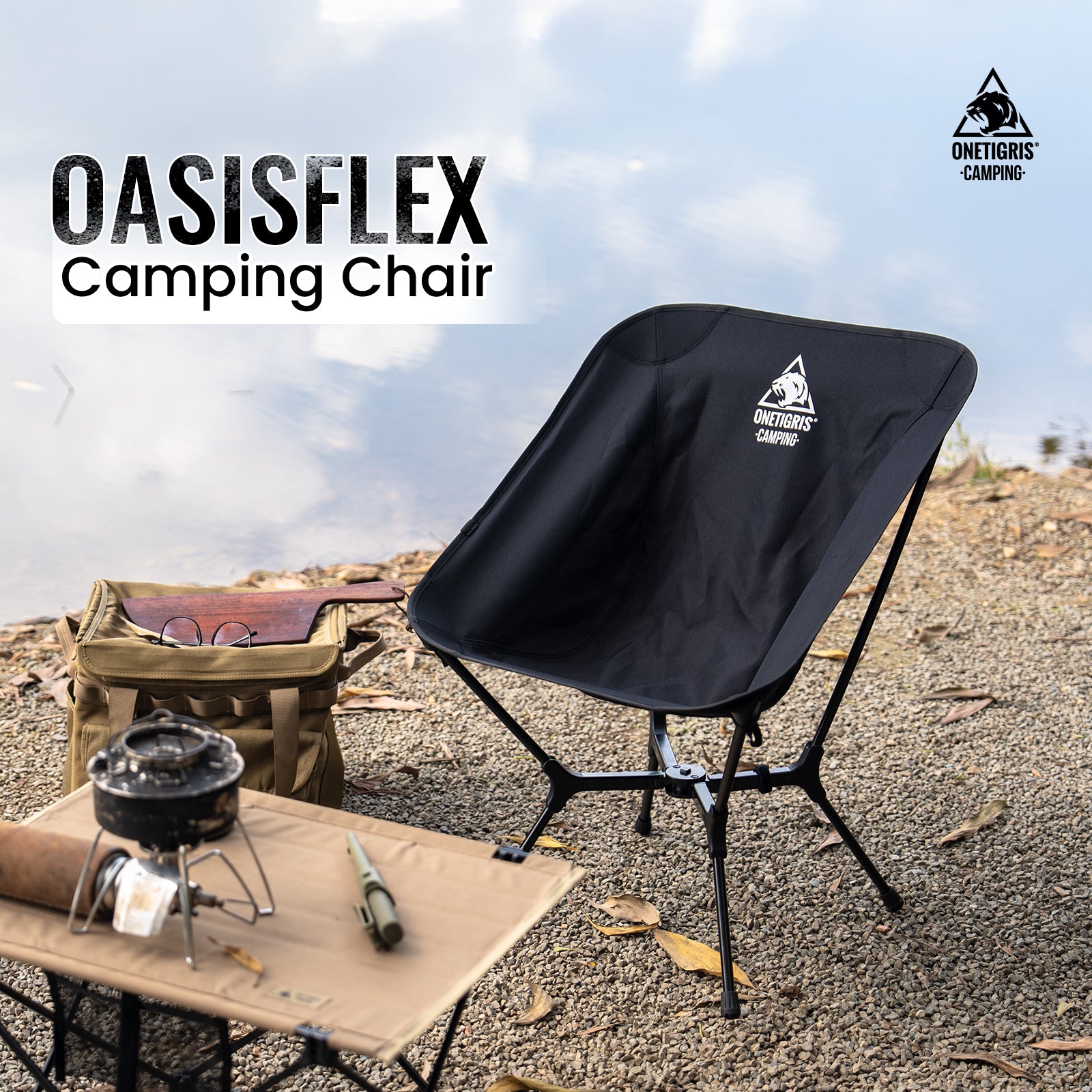 Oasis Flex camping chair with cooking equipment on a camping site, featuring the OneTigris Camping logo.