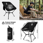 Camping chair with weight capacity, product weight, dimensions, and usage scenario in a forest setting.