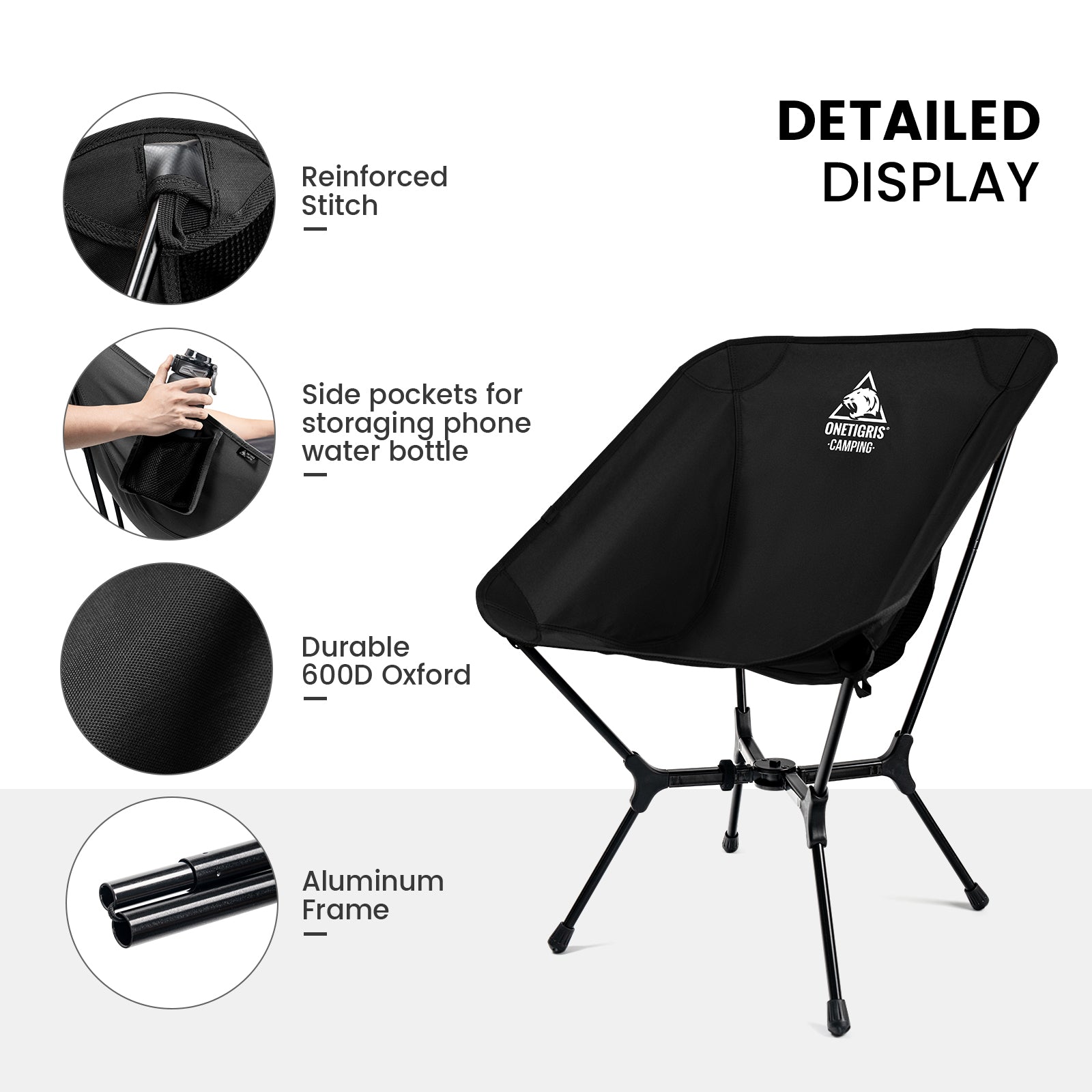 Black folding chair with features highlighted on a white background