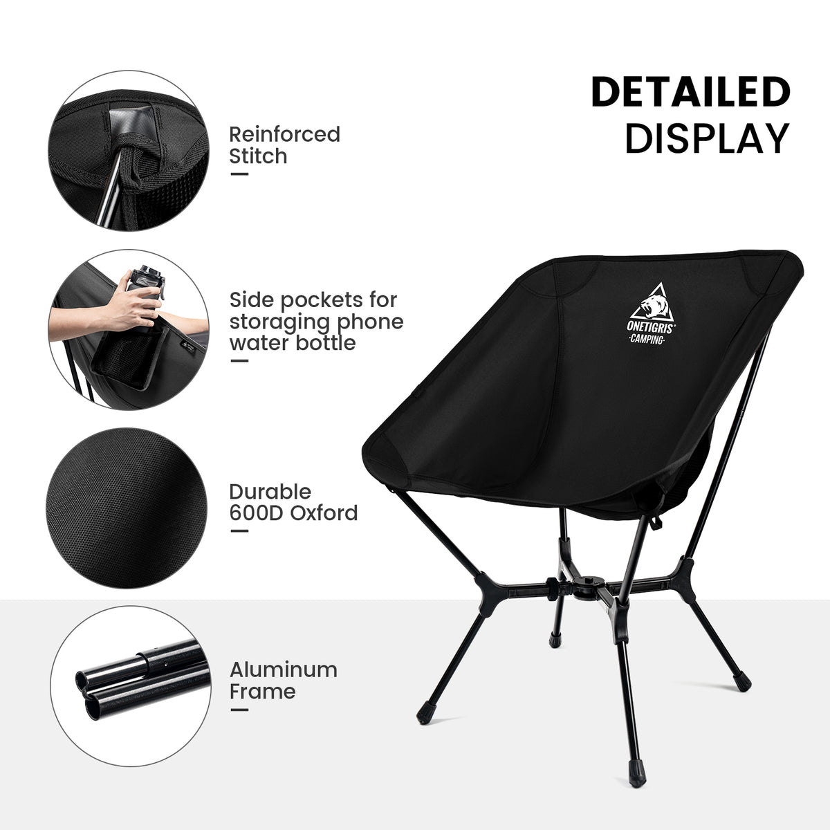 Black folding chair with features highlighted on a white background