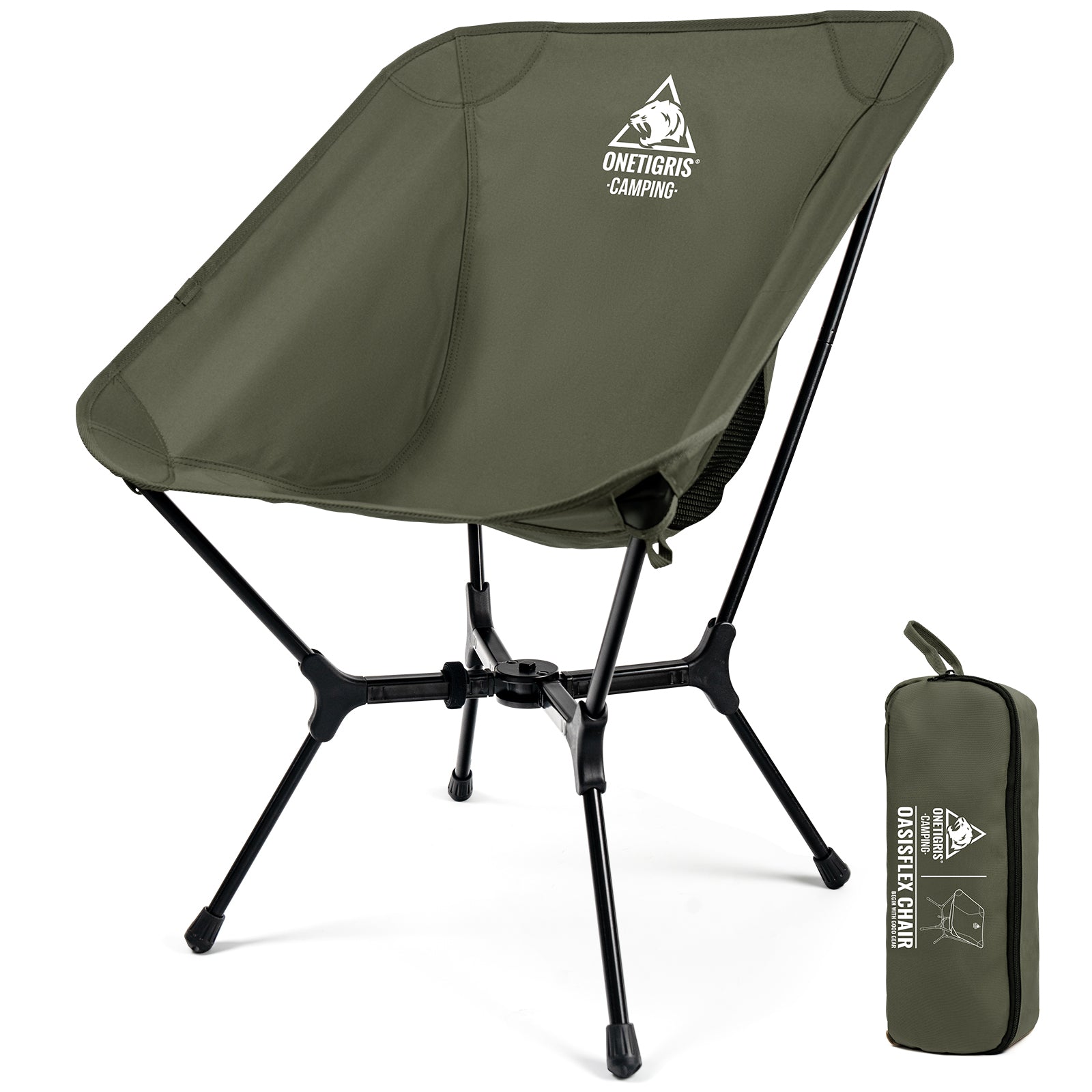 Green camping chair with carrying bag on a white background